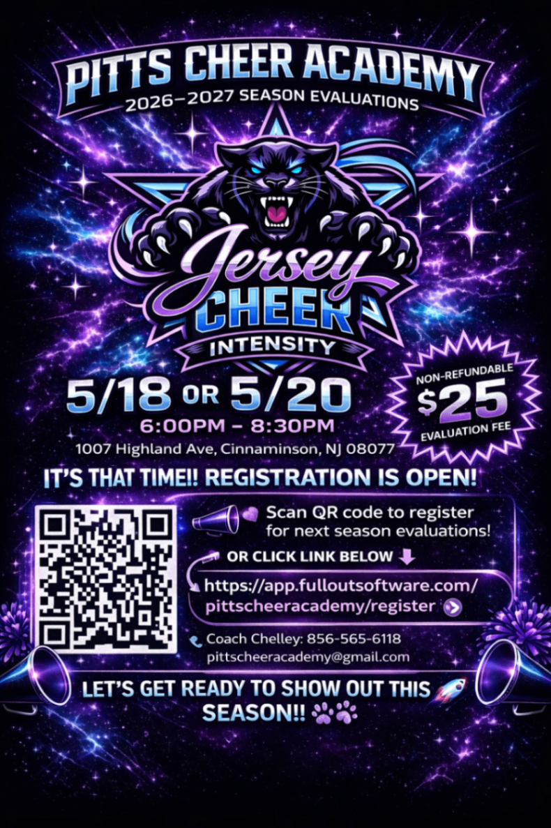 2026-2027 Season Evaluations Flyer — Jersey Cheer Intensity